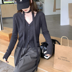 挂脖针织开衫女秋季飘带V领显瘦高级小众长袖毛衣外套
