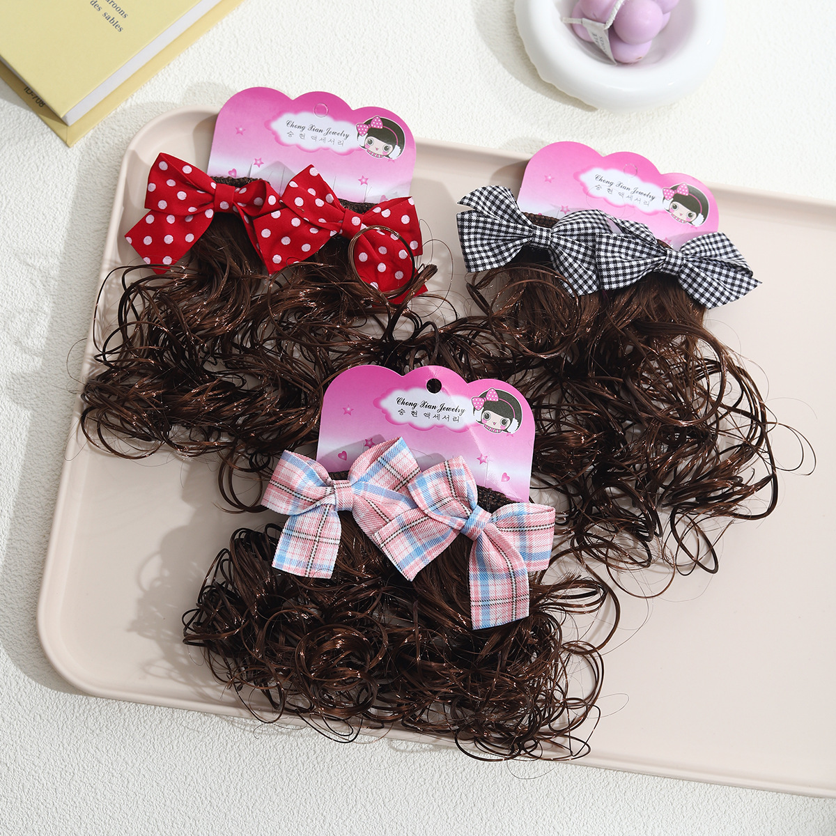Niños pelucas de cabello trenzas de arco de cuadrícula coreana bola cabeza de cabello de cabello de niñas un par de paquetes