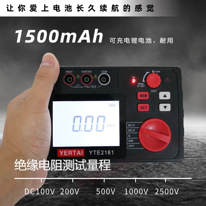 中创手持式高压数字兆欧表YTE2160/2161绝缘电阻测试仪2500V10GΩ
