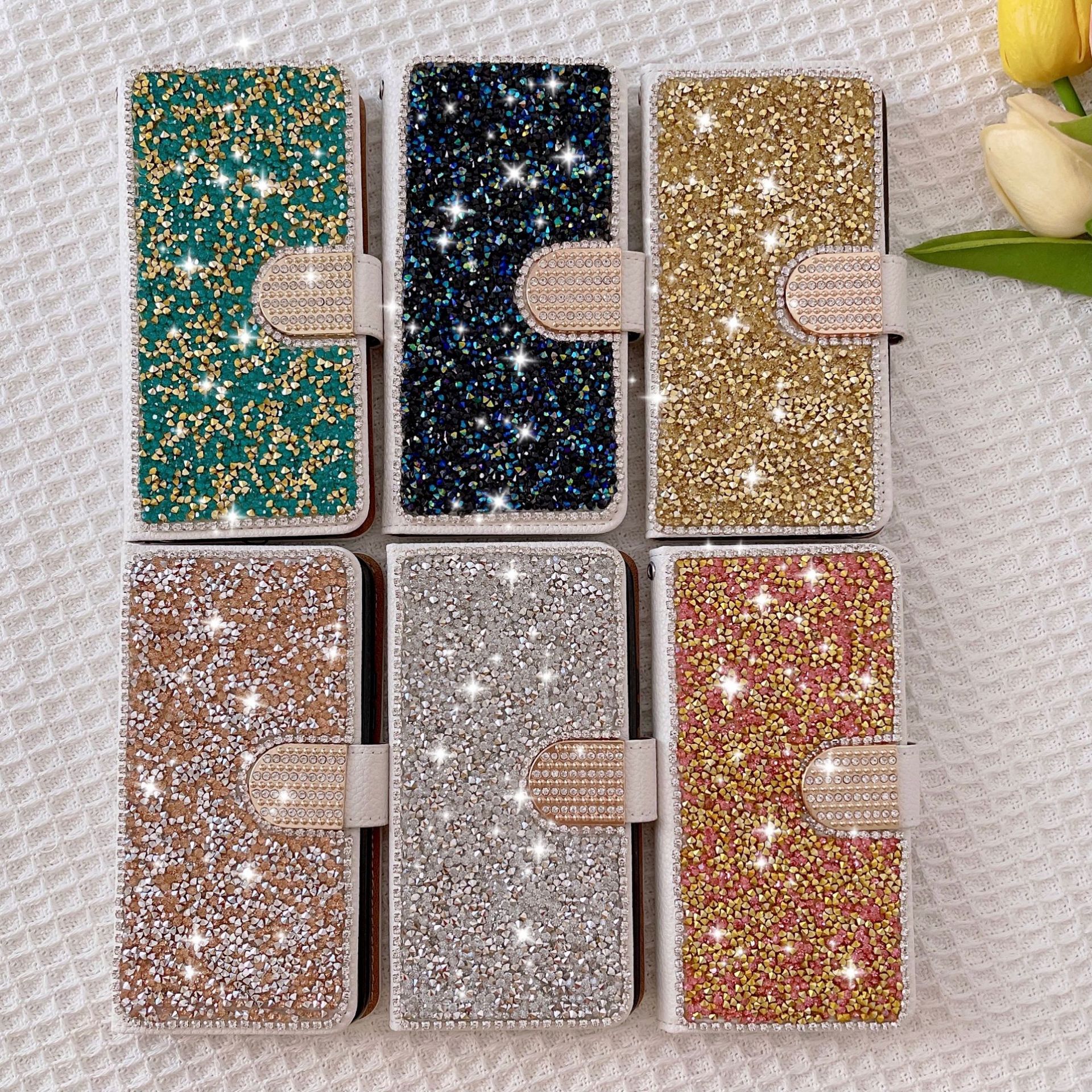 Suitable for iPhone 14PROMAX Luxury Flash Diamond Card Insert Phone Samsung S23U Business Flip Cover Leather Case_voghion.com