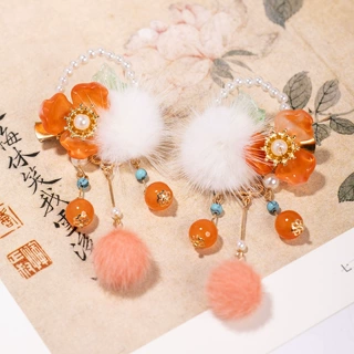 新年古风对夹喜庆中国风汉服女童水貂毛球发夹过年流苏汉服发饰