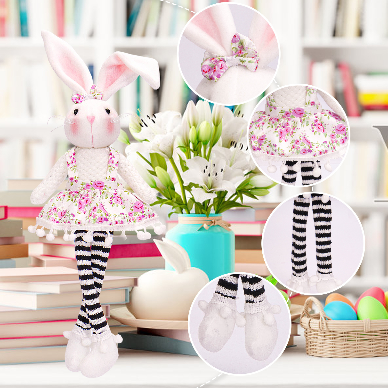 Transfronterizo nuevo conejo de Pascua muñeca a rayas larga pierna sentada muñeca decoración ambiente de vacaciones Decoración