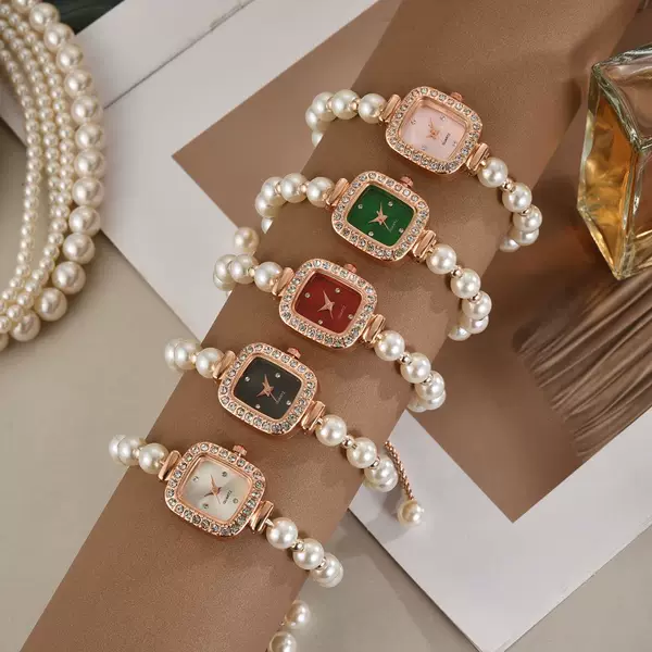 New Fashion Pearl Thin Band Diamond Square Women's Watch Free Adjustment Bracelet Watch Women's Gift Quartz Watch