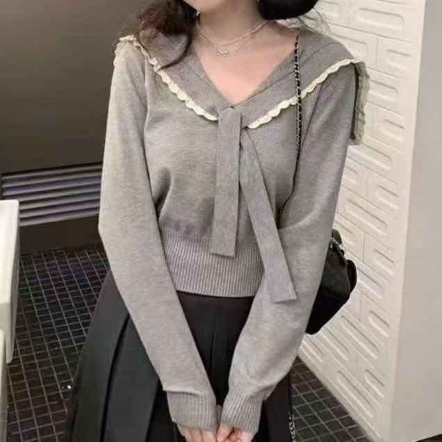 2026 Autumn/Winter Lace Navy Collar Tie Knit Sweater for Women, Korean Style Slimming Long Sleeve Top for Girls, Korean Ins Style