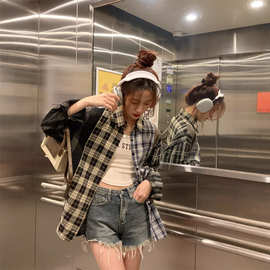 跨境格子撞色衬衫女春秋夏季小众设计感衬衣外套oversize防晒上衣