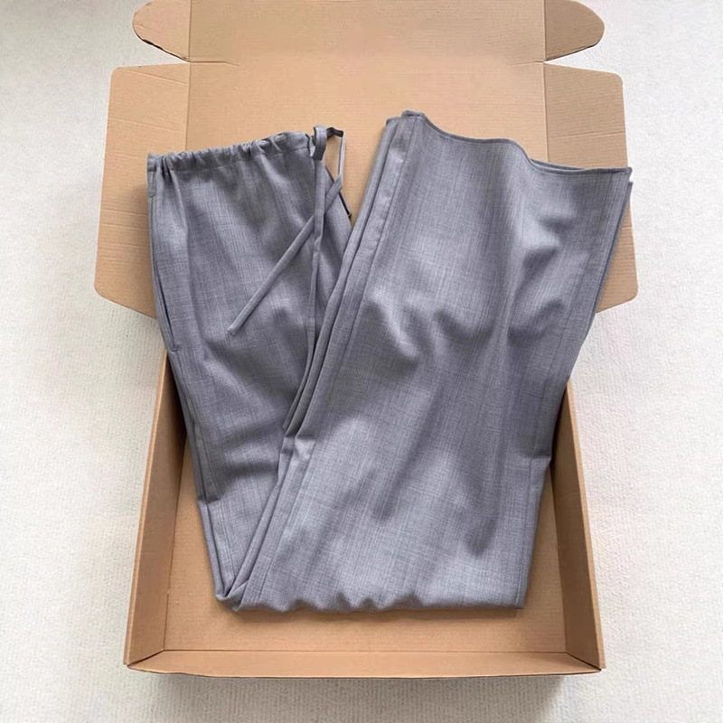 2026 New Style Gray Thin Fine-Spun Wool Elastic Waist Drawstring Drapey Slimming Wide-Leg Straight Pants 2026 New Style Gray Thin Fine-Spun Wool Elastic Waist Drawstring Drapey Slimming Wide-Leg Straight Pants