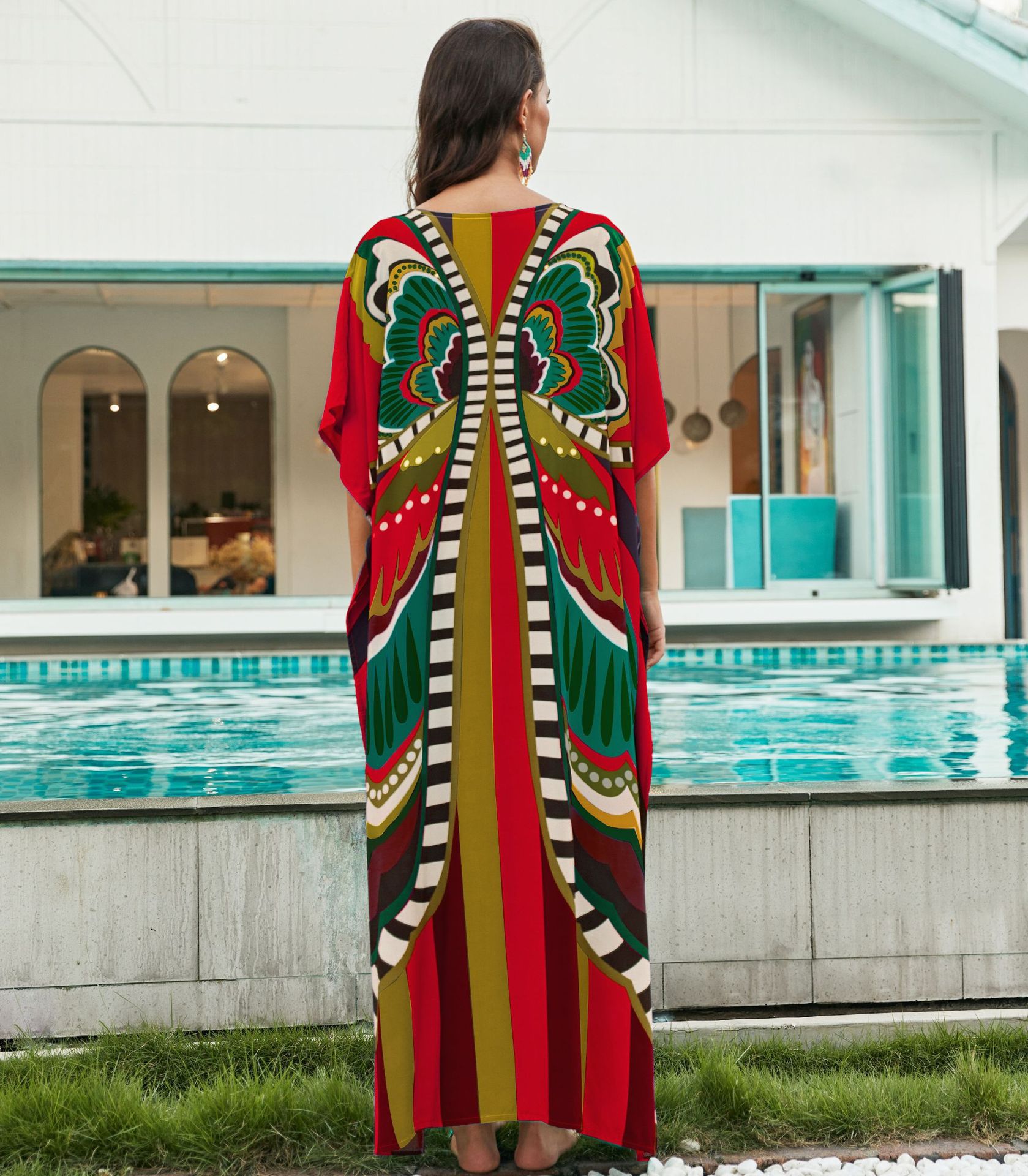 Rochie de plajă lungă kimono dama boho viscoză tie-dye_voghion.com