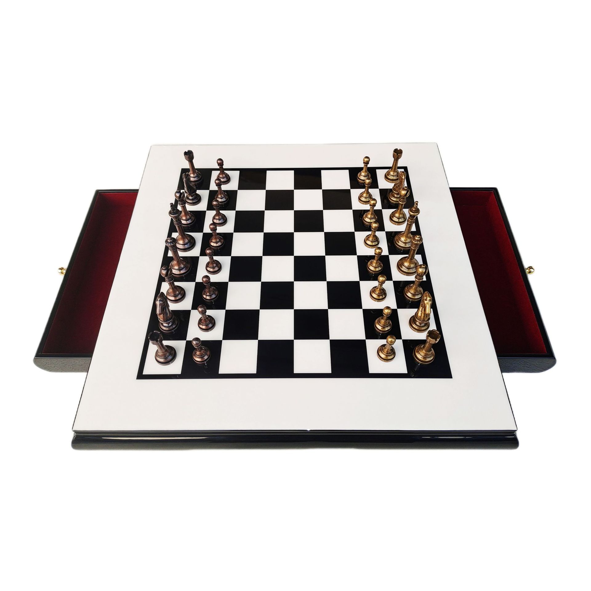 Spot Wooden Chess High-End Piano Paint Chessboard Set Drawer Style Metal Chess Pieces Solid Wood Chess
