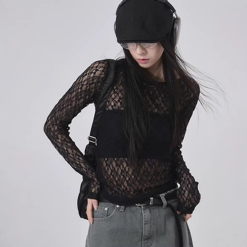 26 Spring Japanese-Style Three-Color Bubble Hollow-Out 3D Lace Stretch Nylon T-Shirt Pullover Long Sleeve