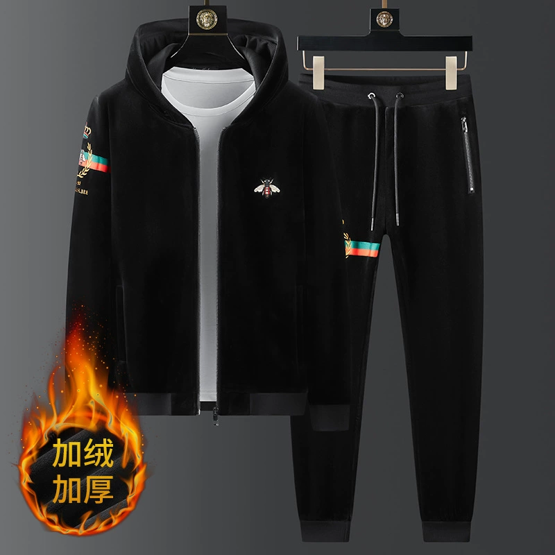 Повседневная спортивная одежда Little Bee на осень и зиму, новый мужской утолщенный двусторонний золотой бархатный тонкий костюм, мужской модный брендовый костюм с вышивкой