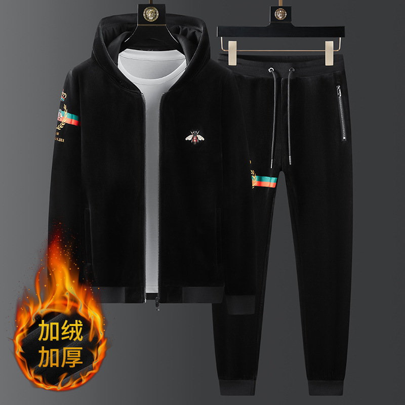 Bee casual sportswear autumn and winter new men's thickened double-sided gold velvet slim fit suit men's fashion brand embroidery