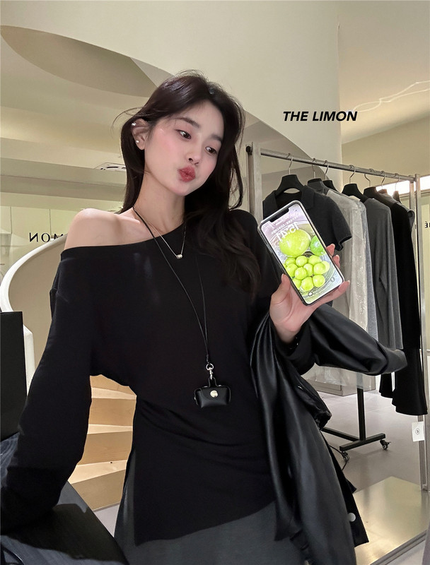 the limon柠檬绿茶2025秋季新款设计感斜肩长袖T恤女收腰显瘦上衣|undefined