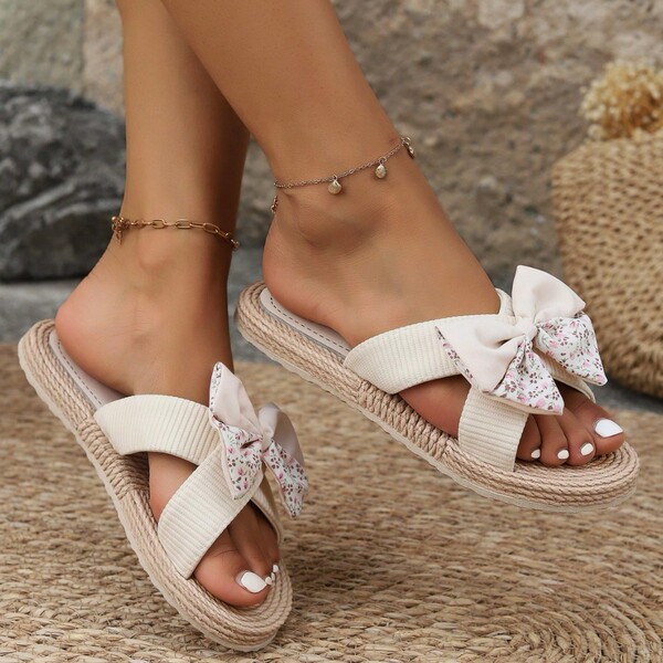 Summer solid color fashionable trend beige slippers with bow