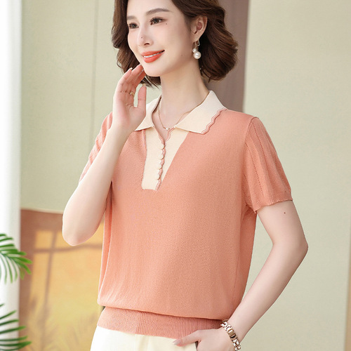 Mom-style elegant knitted blouse with a notched lapel, made from ice silk—perfect for summer wear! This mid-to-late adult women's short-sleeve T-shirt is loose-fitting, lightweight, and ideal as a versatile base layer.