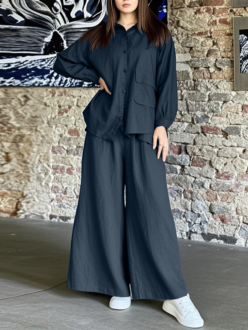 Ensemble chemise oversize en coton et pantalon large – Tenue minimaliste vintage euro-américaine (S-5XL, 7 couleurs, indispensable du bureau au week-end)_voghion.com