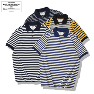 Okonkwoss Summer Men's Thick Stripesd Short-Sleeved Polo Shirt 230g Heavy Lapel T-Shirt Sea Soul Shirt