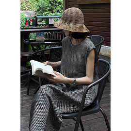 复古简约休闲宽松插肩连衣裙女夏梨型微胖显瘦百搭气质格子直筒裙