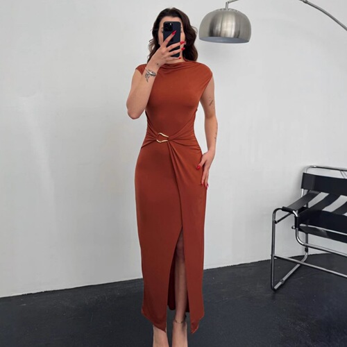 European and American Style Summer New Women's Fashion Charming Solid Color Crew Neck Slimming Sheath Dress with Slits