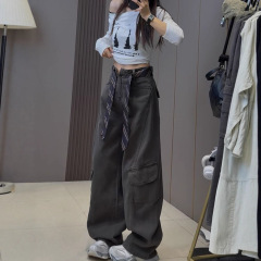 复古军绿色工装牛仔裤女2025秋季新款大码梨型身材高腰遮跨阔腿裤