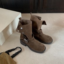 羊皮~增高6cm美拉德复古粗跟短靴女牛反绒短筒骑士靴厚底马丁靴子