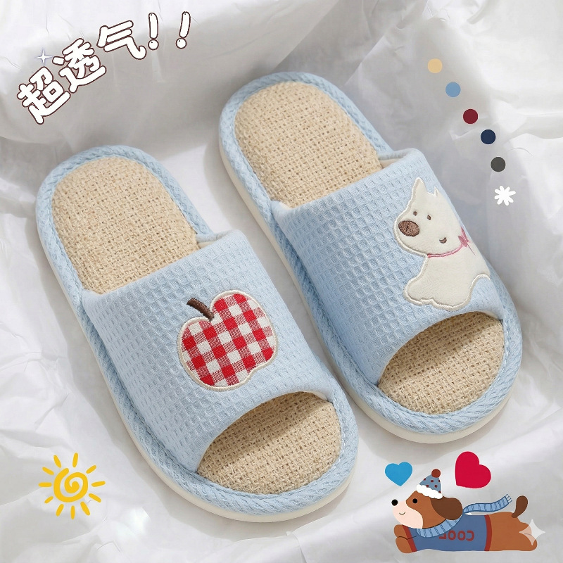Cartoon Linen Slippers for Women, Cute for All Seasons, Breathable and Non-Slip for Home Use, Soft-Soled Comfortable Slippers for Couples, Men's Spring and Summer