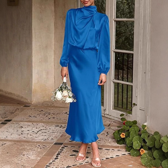 Cross-Border Export 2025 New Autum High-End Satin Long-Sleeved Loose Dress Elegant Evening Dress