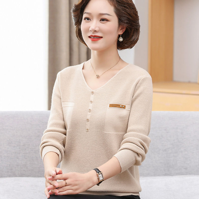 妈妈春秋毛衣女薄款洋气针织衫时尚领中年人女士打底衫长袖上衣