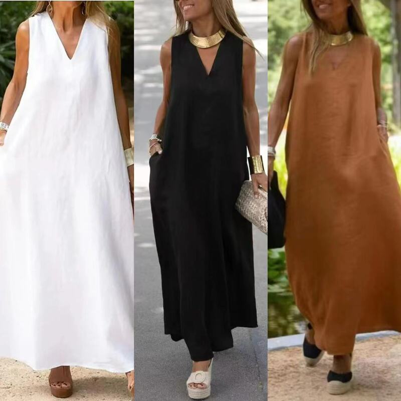 Spring and summer 2024 new deep V-neck sleeveless long solid color cotton and linen dress women's casual wear
