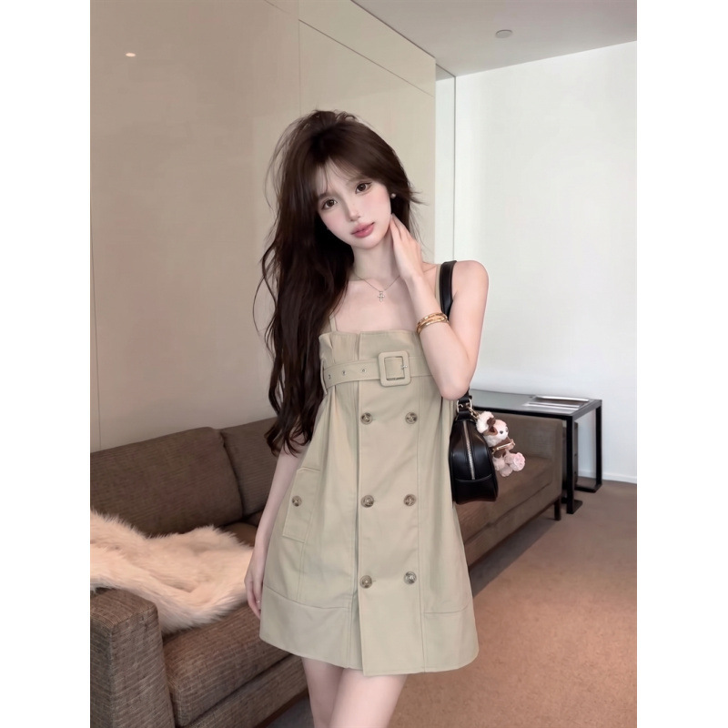 ~Retro Double-Breasted Workwear-Style Trench Coat-Inspired Suspender Dress for Women, Summer, High-Quality, Petite Size