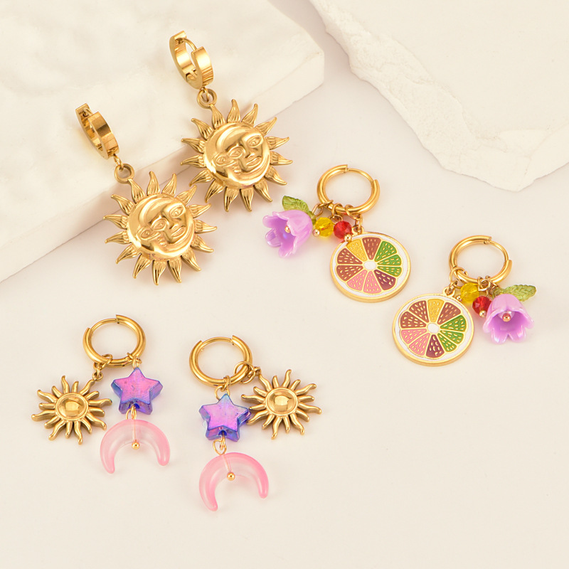 Colorful Personalized Fruit Star and Moon Earrings DIY Grapefruit Flower Stainless Steel Sun Earrings Pendant for Women Ready for Sale