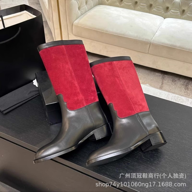 高版小香2025秋冬新款真皮底拼色粗跟圆头平底麂皮中筒马丁短靴女|undefined