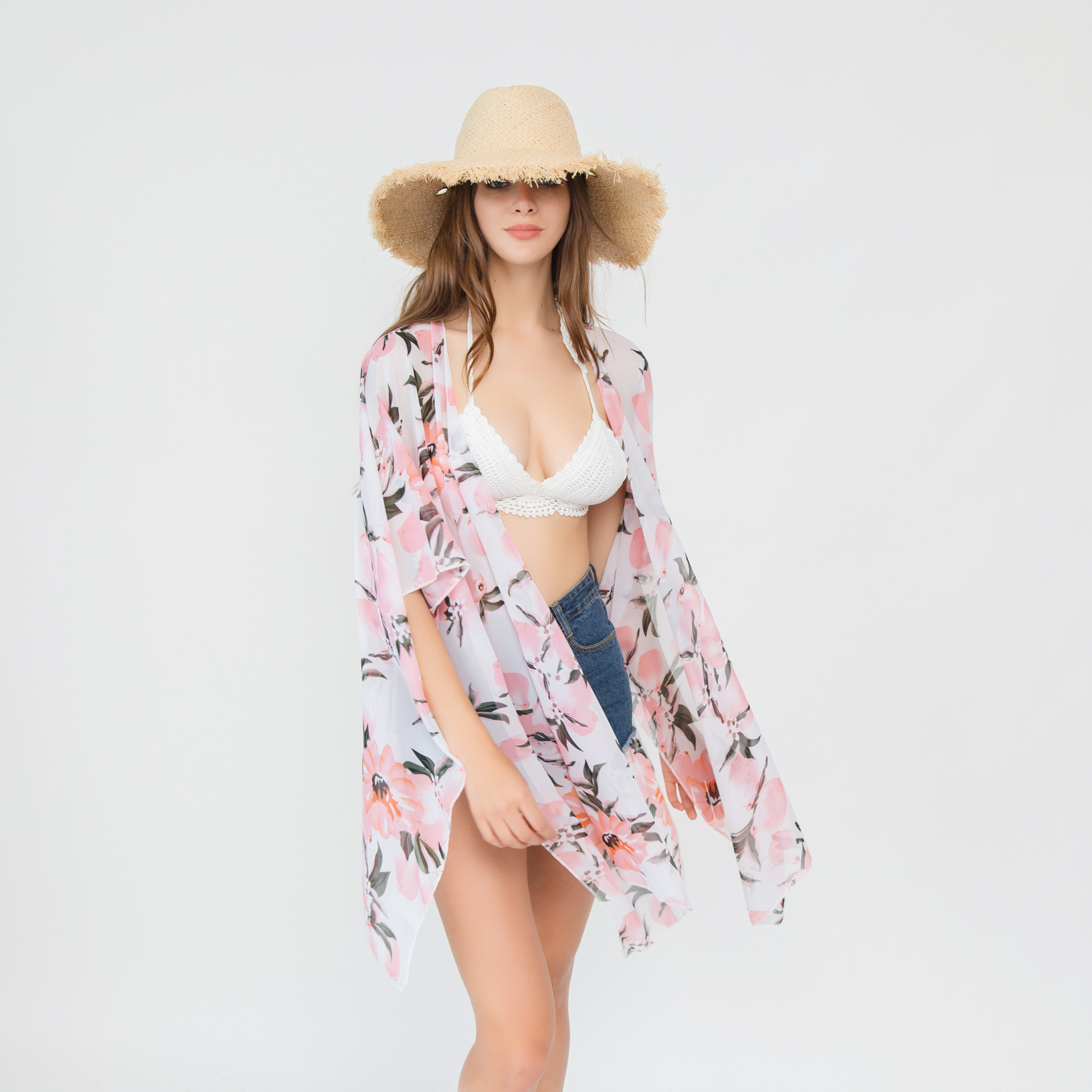 Venta caliente transfronteriza primavera y verano estilo europeo y americano corto gasa blusa de playa protección solar sombrilla kimono cardigan image 3