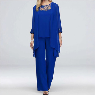 European and American Fashion Casual Suit Large Size Women's Elegant Lace Stitching Slim Chiffon Straight Leg Pants Three-piece Set