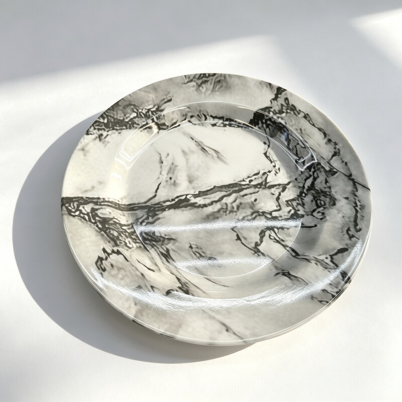 Marble-Patterned Round Plate, Ins-Style Household Melamine Tableware, Nordic-Style Trendy High-End Bowl and Plate Set, Factory Wholesale