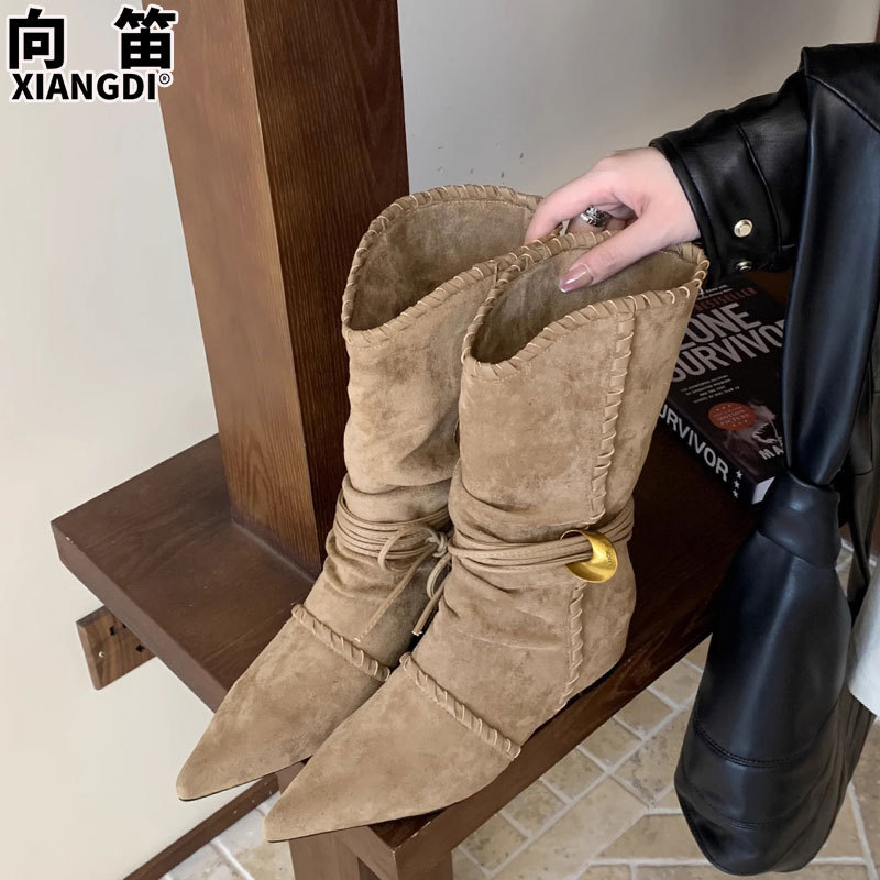 牛皮版内增高小个子堆堆靴粗跟尖头骑士靴中筒靴西部牛仔靴时装靴|undefined