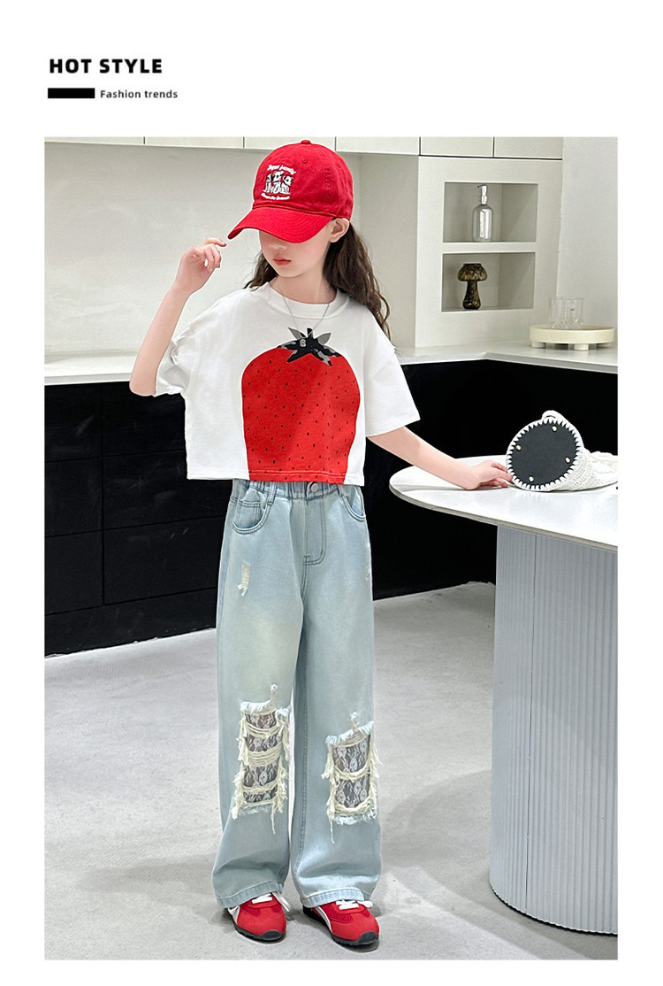 A25036 Style Ripped Lace Jeans Wide Leg New Children's Miscellaneous European And American Jeans_viptrois.com