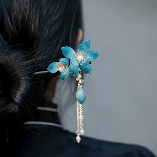 Hanfu fairy dress Antique ebony blue gradient flowers hairpin for women girls  hair fringed hair clasp qipao cheongsam female woodiness hair pin hanfu headdress