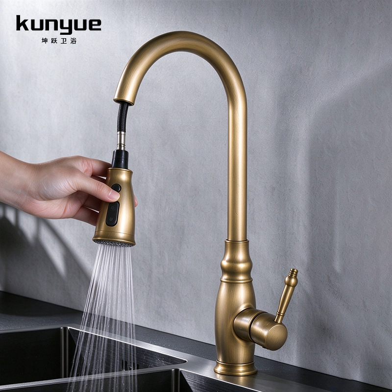 All-Copper French-Style Pull-Out Kitchen Faucet, Hot and Cold Splash-Proof Sink Faucet, Gold-Colored Retro Sink Faucet, Cross-Border Wholesale All-Copper French-Style Pull-Out Kitchen Faucet, Hot and Cold Splash-Proof Sink Faucet, Gold-Colored Retro Sink Faucet, Cross-Border Wholesale