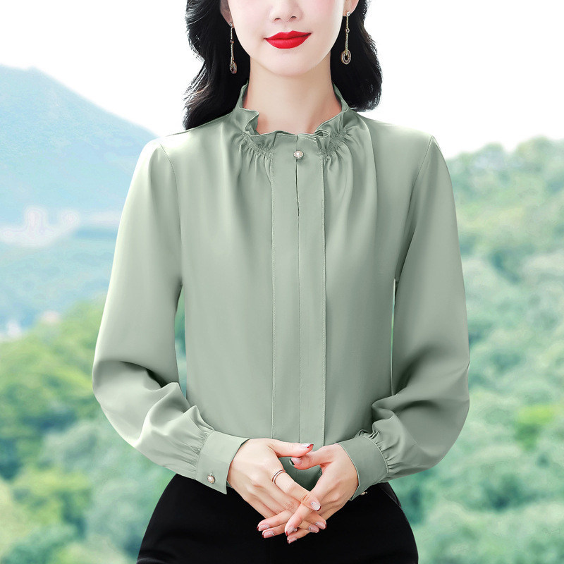 Heavy Weight Mulberry Silk Top Women's Spring and Autumn New Lace Collar Solid Color Long Sleeve High-End Design Silk Straight-Leg Shirt