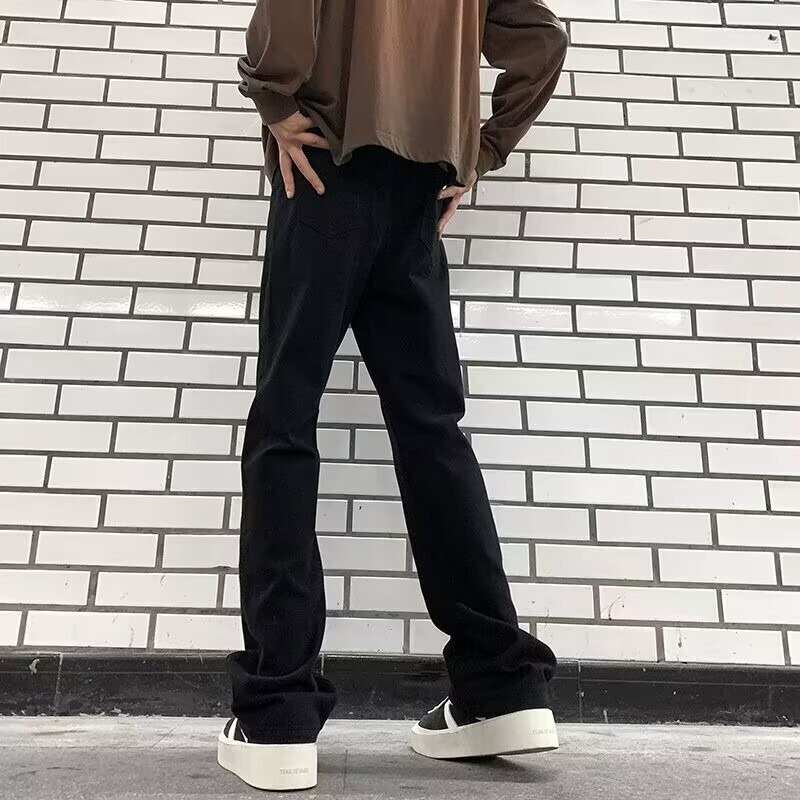 白色美式微喇牛仔裤男秋季新款显高显瘦男生窄版修身高街弯刀裤子|undefined