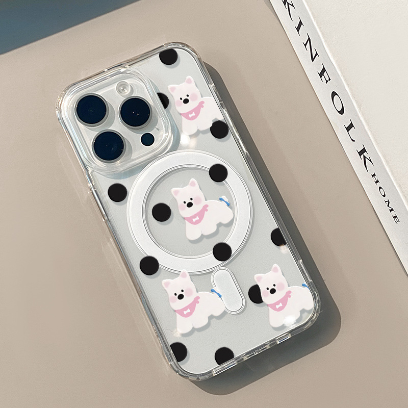 Magsafe Magnetic Polka Dot Little White Dog Case Suitable for iPhone 17 Pro Max, Cute Apple 16/15/13