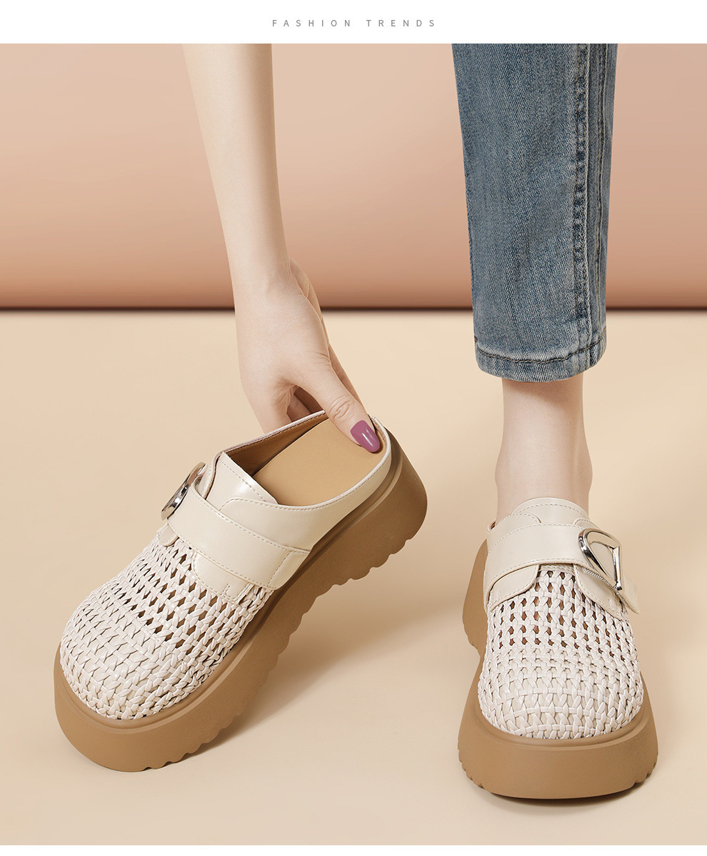 Giày mule nữ đế xuồng cao gót 5cm, dáng hở gót, thoáng khí, phong cách thời trang hè — 6103 Màu be, 6103 Da đen chi tiết 6