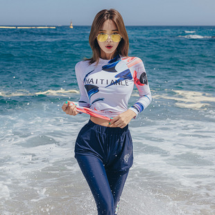 Women's Two-Piece Diving Suit, Sun-Protective Conservative Long-Sleeve and Long-Pants Slimming Snorkeling Suit, Tummy-Covering Surfing Rash Guard Swimsuit