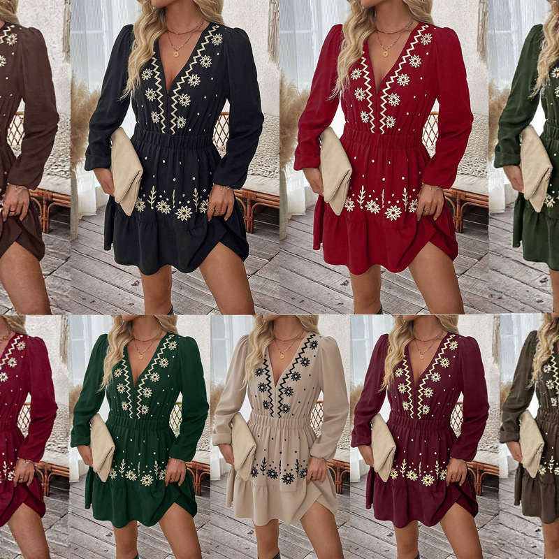 Real shot in stock foreign trade cross-border ladies embroidery deep V collar long sleeve European and American dress Real shot in stock foreign trade cross-border ladies embroidery deep V collar long sleeve European and American dress