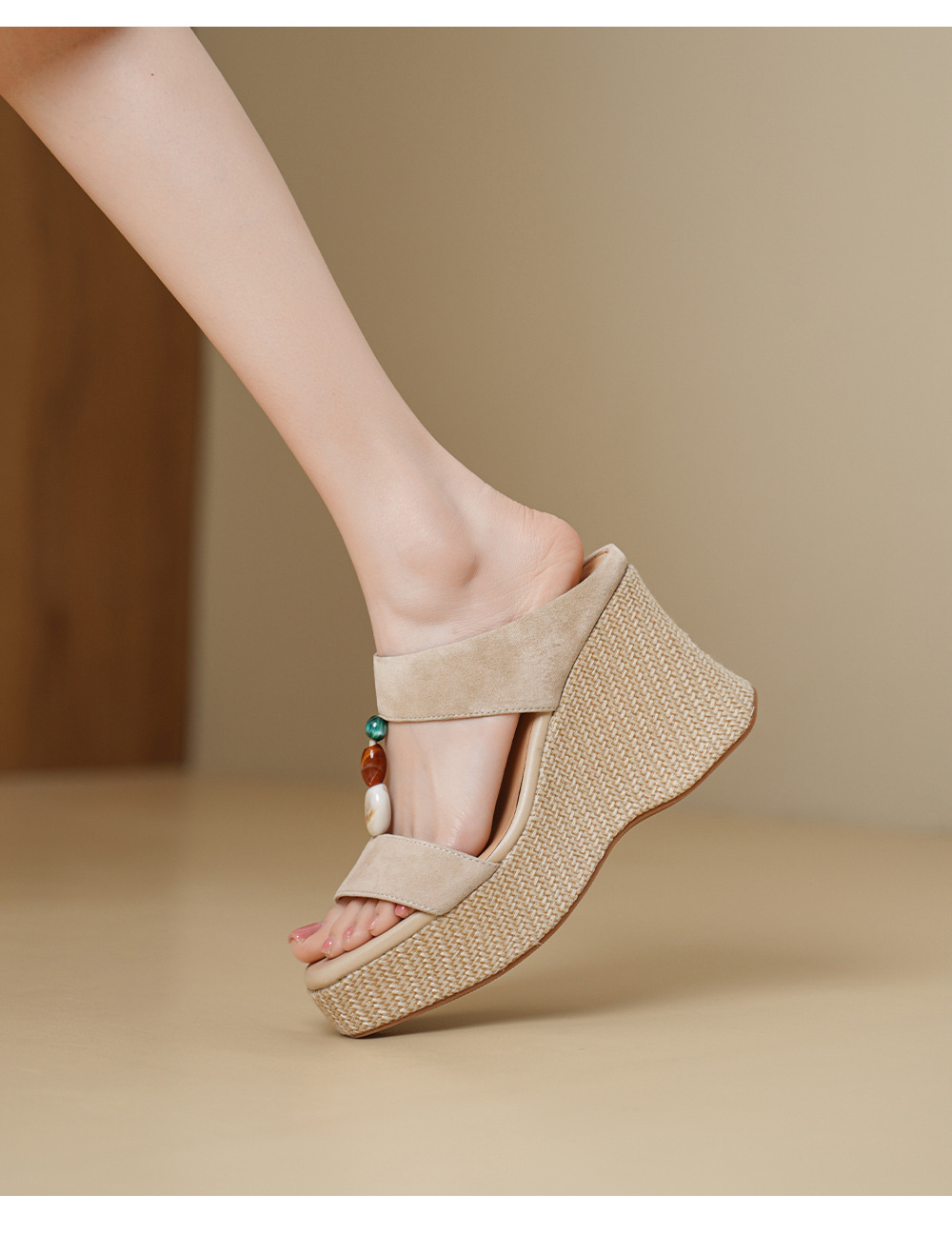 Sandal cao gót nữ hở mũi đế xuồng đan rơm gót 10 cm — màu nâu, màu mơ chi tiết 6