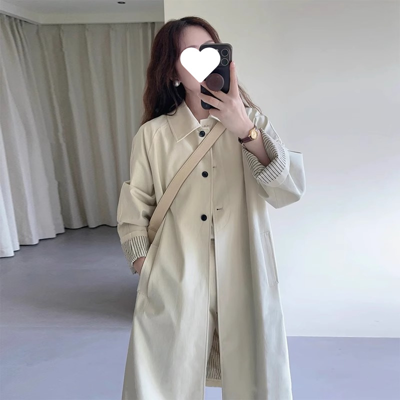 Windbreaker Jacket for Women, New Spring and Autumn Coat, Petite, Mid-Length, Off-White, British Style, Loose, Casual, Japanese Style