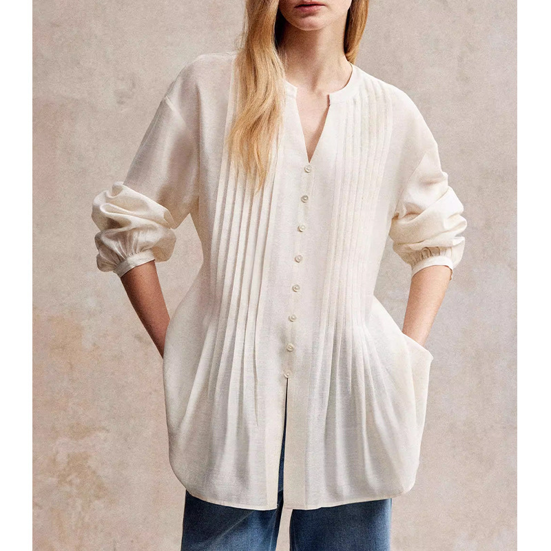 【C* Order】French-Style Commuter Pleated Long-Sleeve Shirt for Women, Light Luxury High-End Feel, V-Neck, Waist-Cinching, Slimming Top