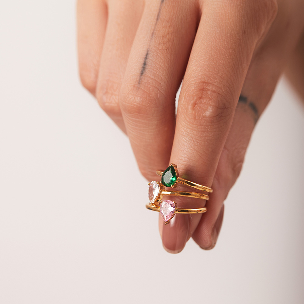 Fashion Water Droplets Stainless Steel Open Ring Inlay Zircon Copper Rings