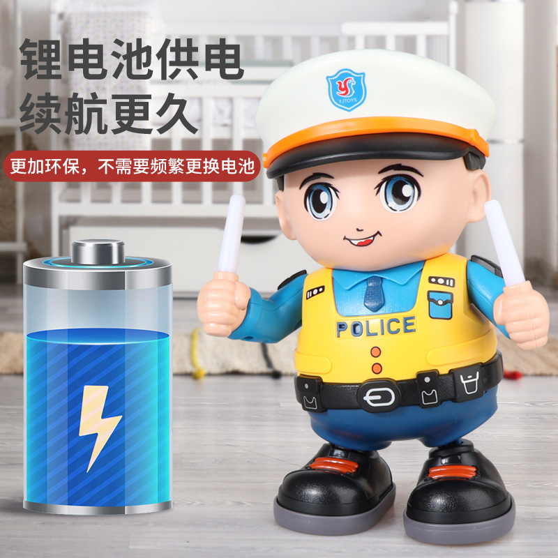 抖音儿童电动跳舞男警公仔发光音乐可充电模型机器人玩具地摊批发|undefined