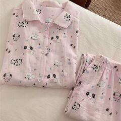 春と秋の女性用の新しい甘くてかわいい子犬のパジャマ、長袖ズボン、屋外で着用できる韓国風ホーム服2点セット